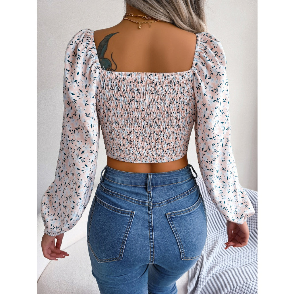 Women  Sexy Ruffle Trim Tie Floral Print Chiffon Crop Top