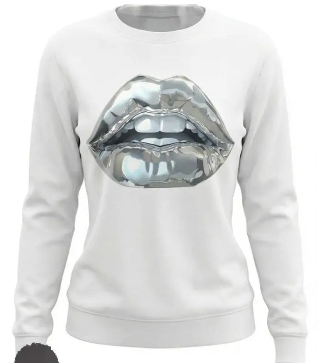 Womens Cartoon Silver Lip-Printed Sweatshirt