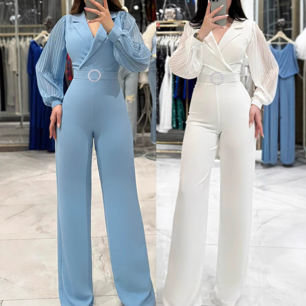 Fitted Jumpsuit With Pleated Long Sleeves And A Blazer Collar