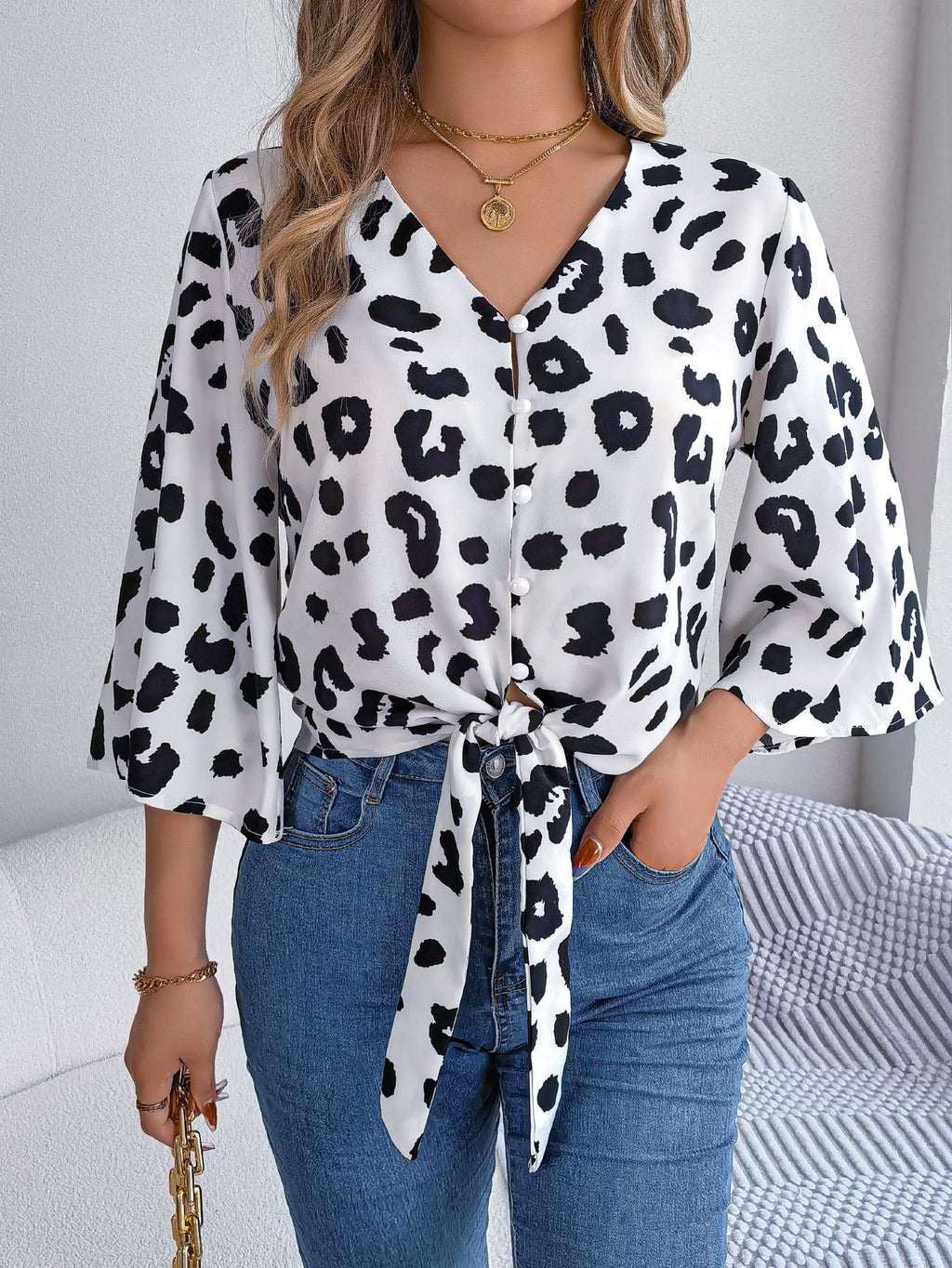 Women’s Leopard Print Tie Front Chiffon Blouse – Casual Animal Print Fashion Top