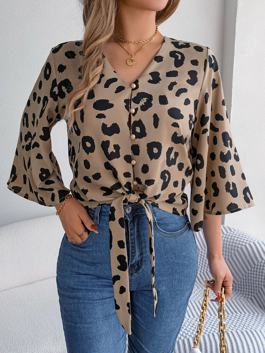 Women’s Leopard Print Tie Front Chiffon Blouse – Casual Animal Print Fashion Top