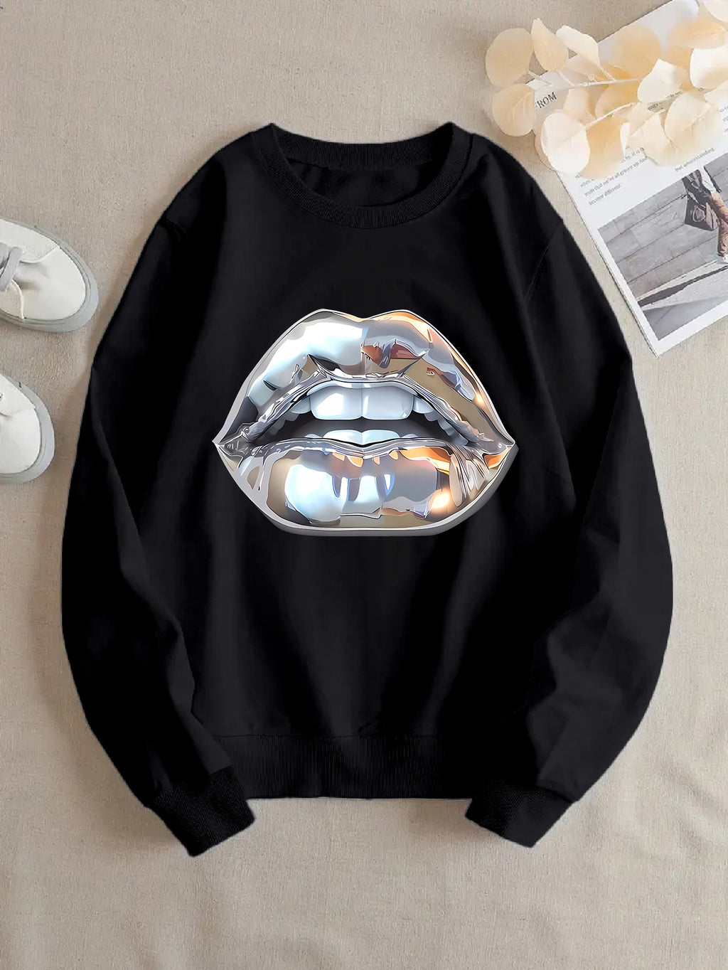 Womens Cartoon Silver Lip-Printed Sweatshirt