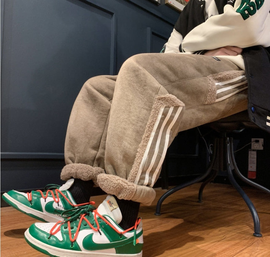 Men’s Striped Color-Block Fleece-Lined Jogger Pants – Autumn Winter Ankle-Fit Trousers