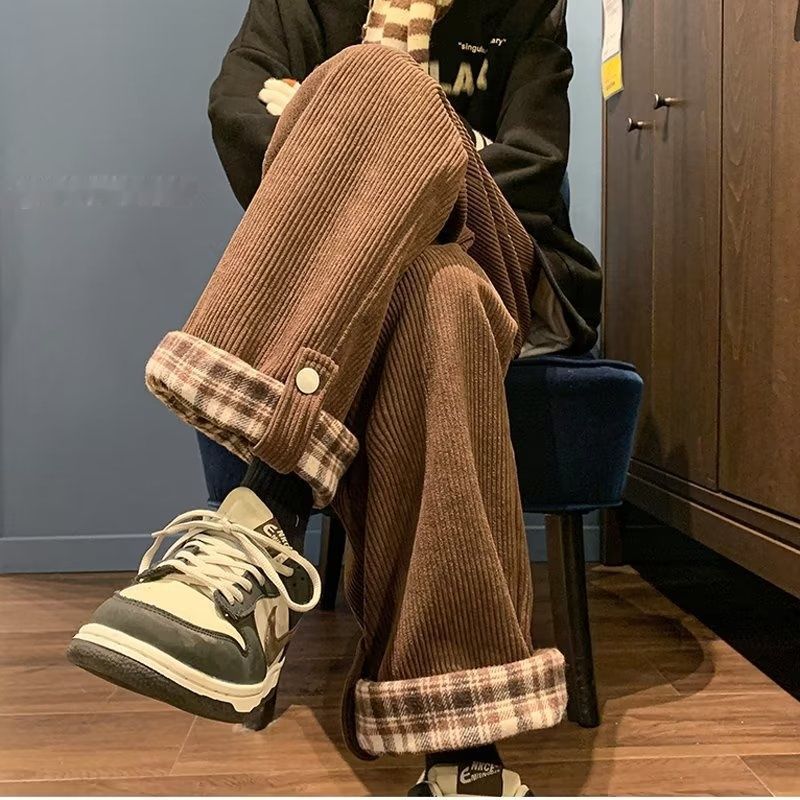 Plaid-cuffed Straight-leg Loose-fit Vintage Mens Casual Trousers