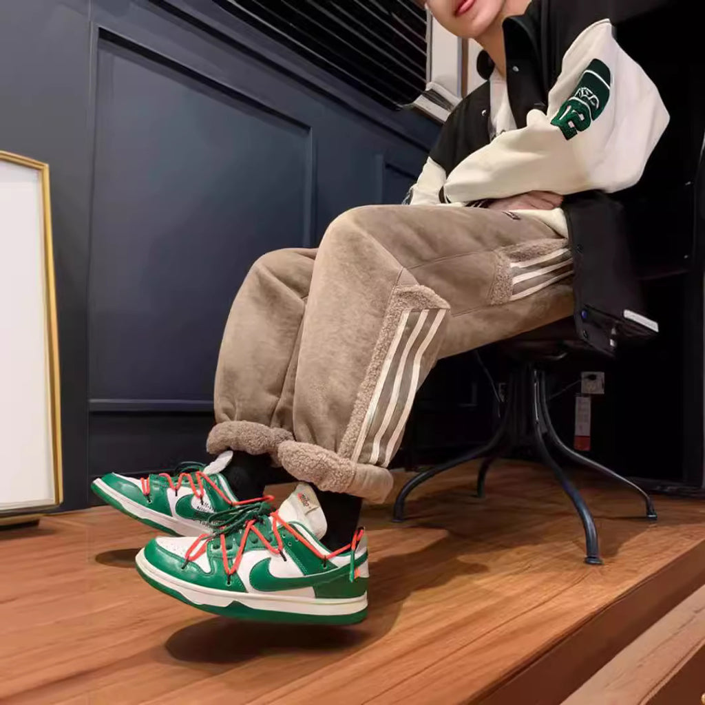 Men’s Striped Color-Block Fleece-Lined Jogger Pants – Autumn Winter Ankle-Fit Trousers