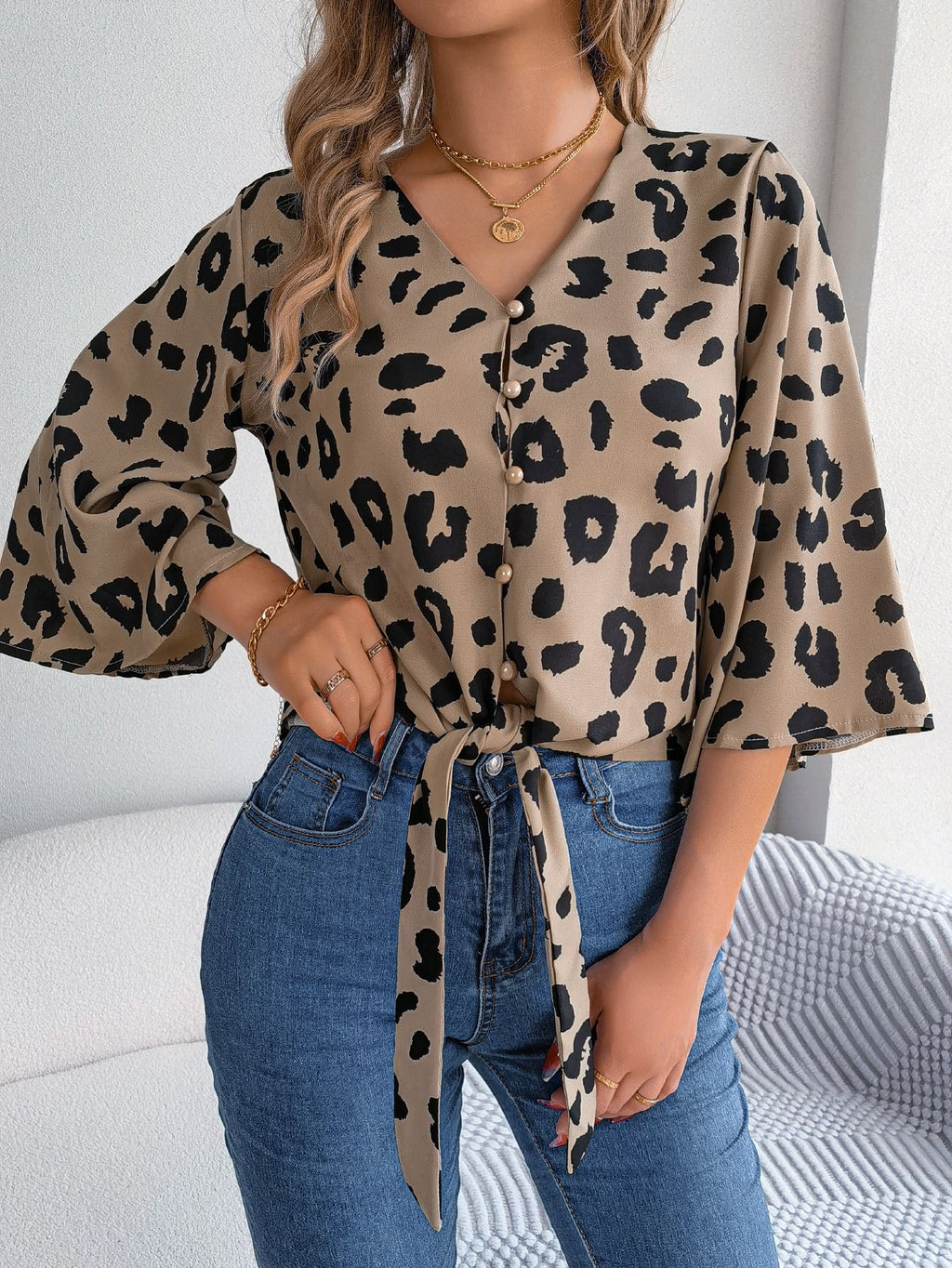 Women’s Leopard Print Tie Front Chiffon Blouse – Casual Animal Print Fashion Top