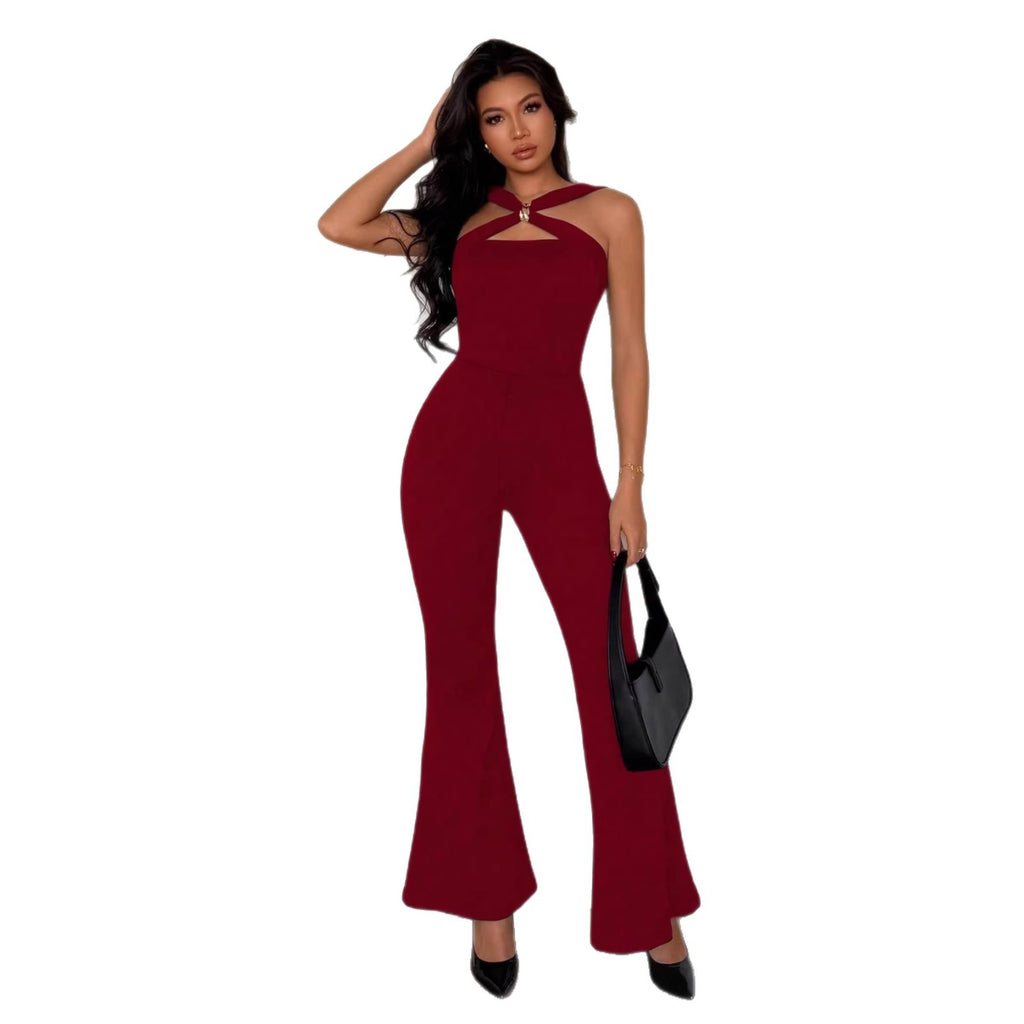 Chic Metal Buckle Flared Jumpsuit