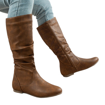 Women’s mid-calf Western cowboy boots in light brown faux leather with pointed toe and low block heel