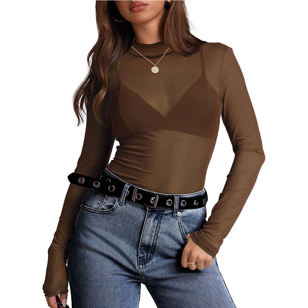Women's Semi High Neck Sheer Long Sleeve TShirt Sexy Y2K Mesh Top