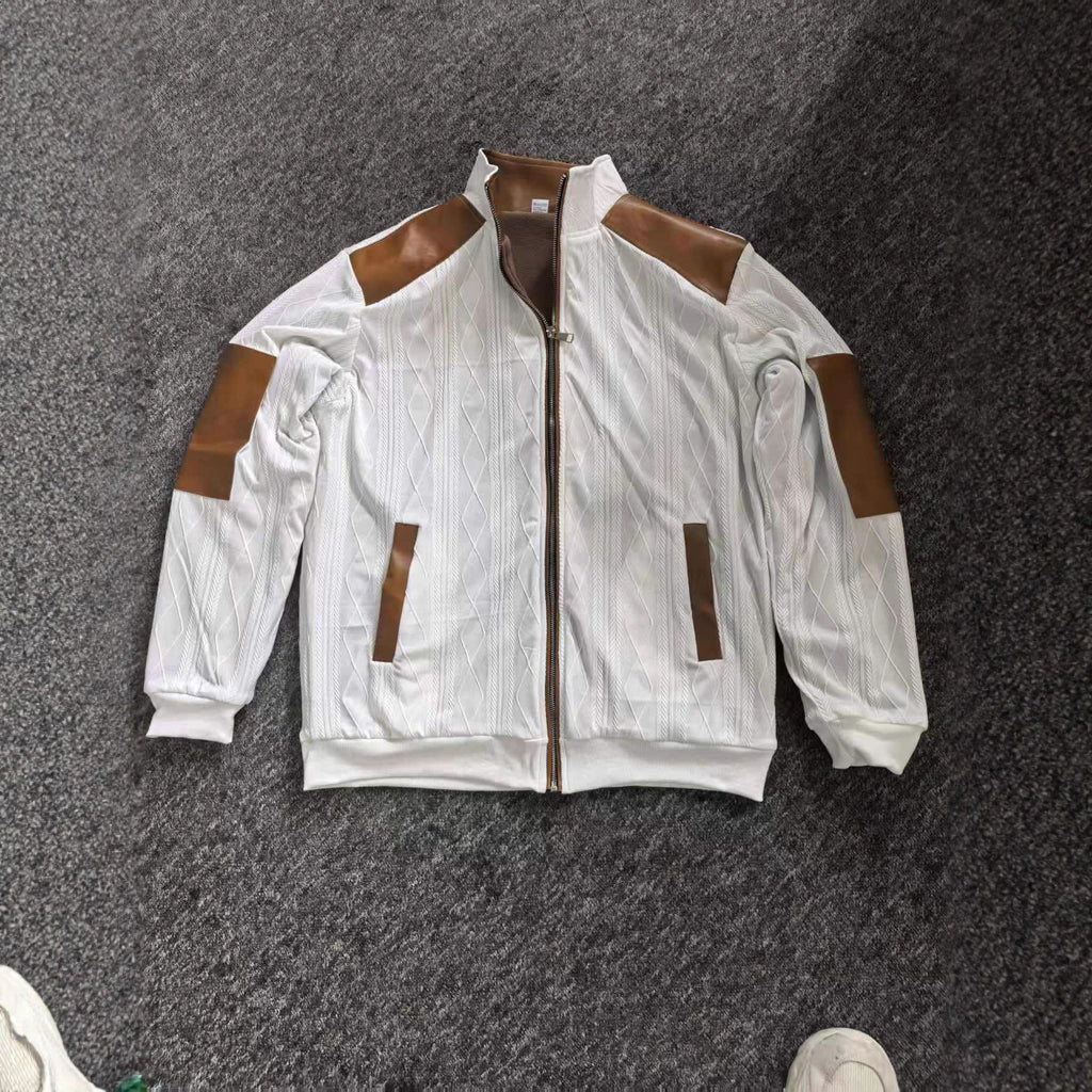 Color-block Textured Fleece-lined Zip-up Casual Jacket