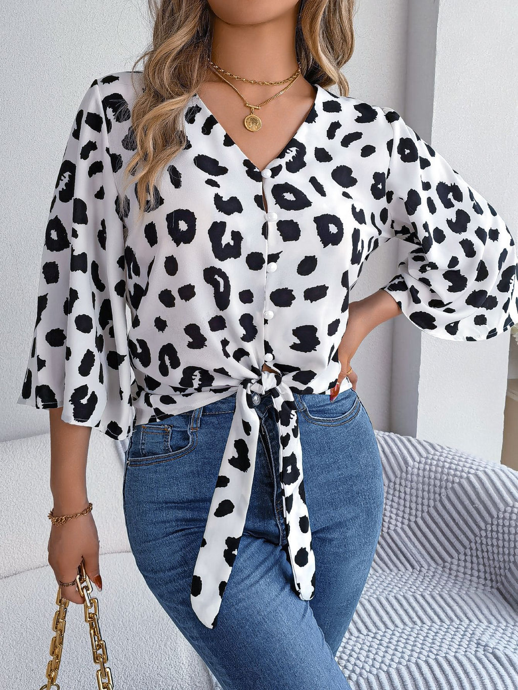 Women’s Leopard Print Tie Front Chiffon Blouse – Casual Animal Print Fashion Top