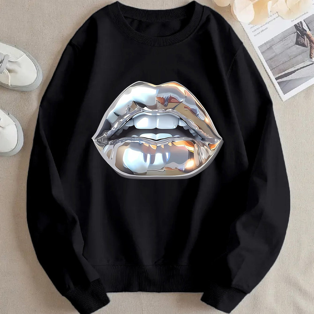 Womens Cartoon Silver Lip-Printed Sweatshirt