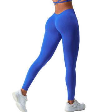 Women wearing Klein blue Seamless V Waist Yoga Pants with high waist hip lift design