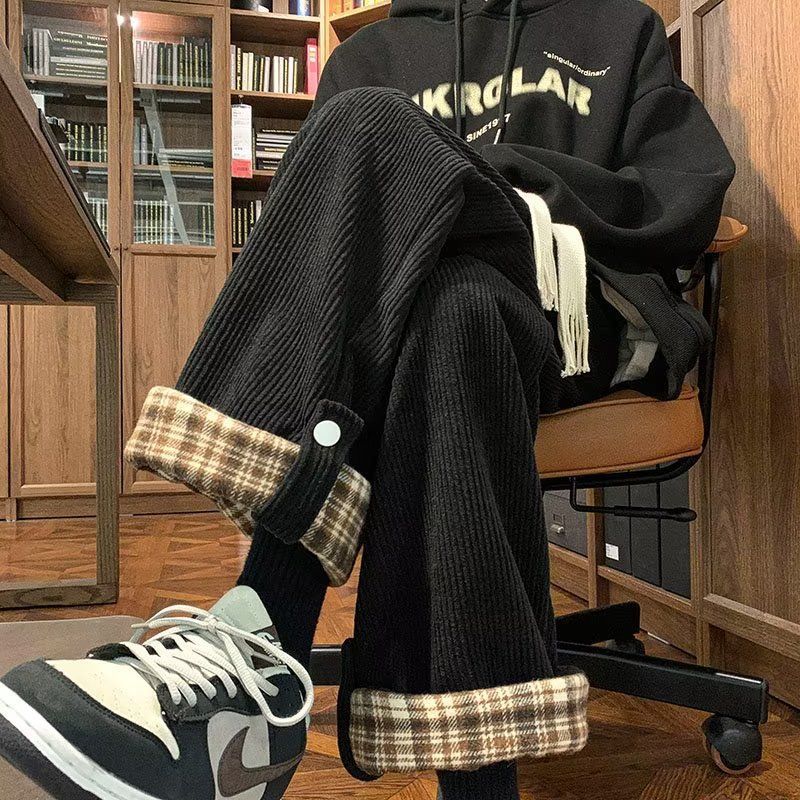 Plaid-cuffed Straight-leg Loose-fit Vintage Mens Casual Trousers