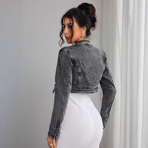 womens retro short casual denim jacket with zipper cropped vintage jean jacket women street style outfit