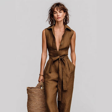 Retro sleeveless lace-up wide leg jumpsuit in light brown with lapel collar and high waist design for women.
