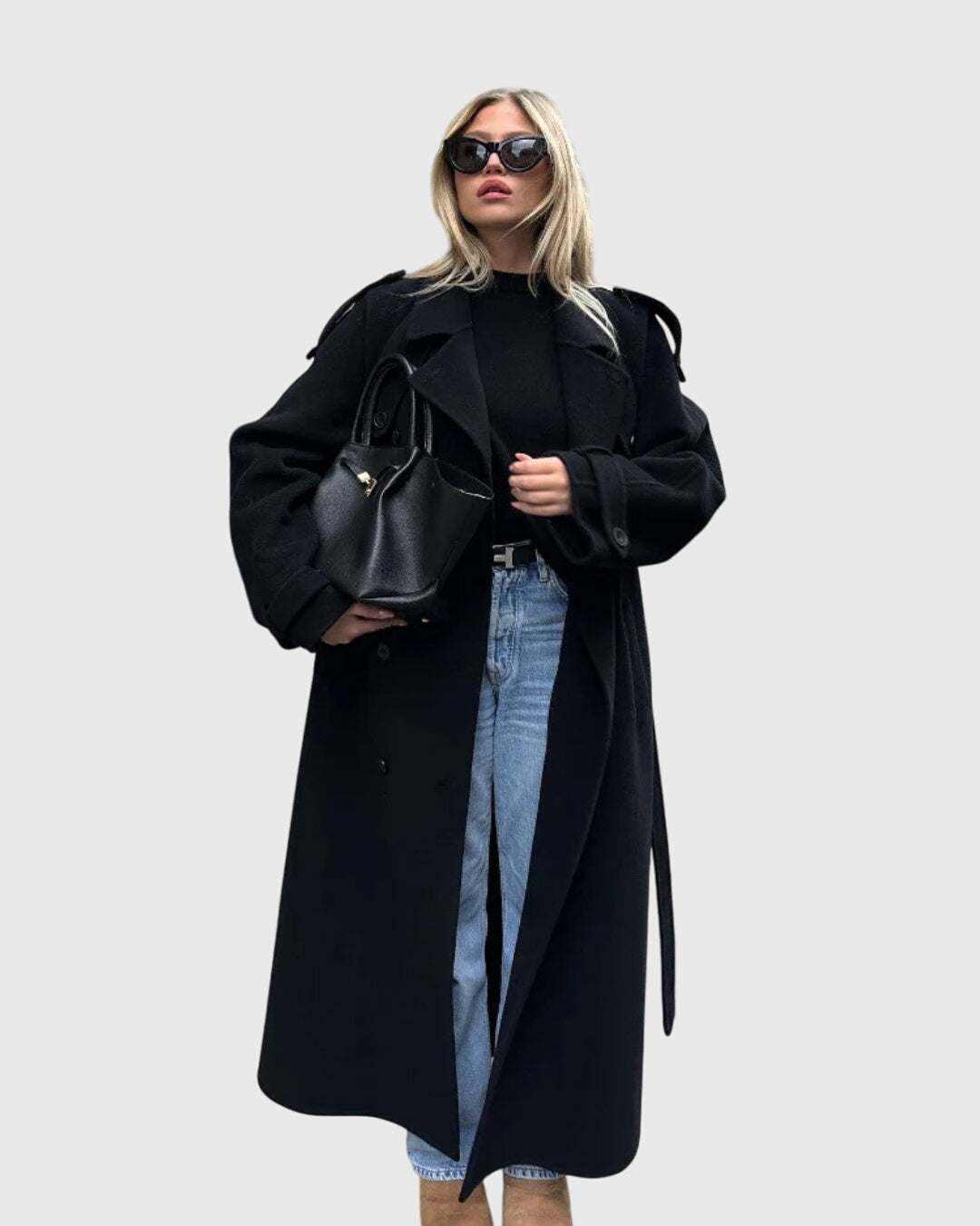 Anika Classic Black Coat oversized fit with button tab accents and adjustable cuffs in black felted fabric
