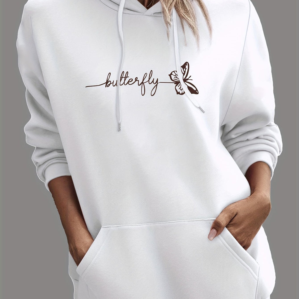 Womens Casual Hoodie With Drawstring And Butterfly Print