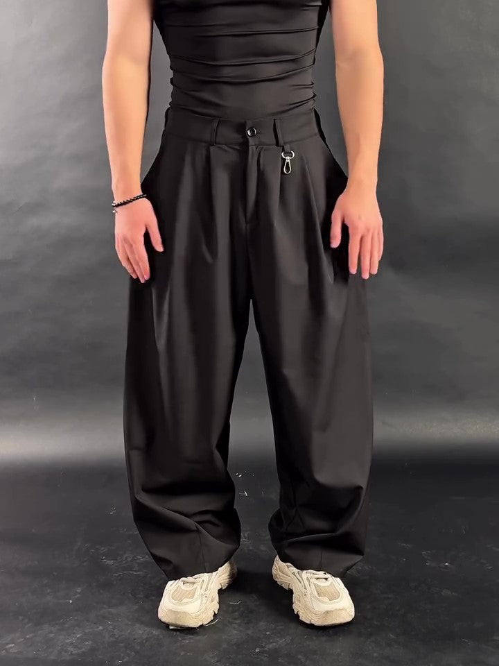 High Waist 3D Pleated Wide-Leg Pants – Black Fashion Statement Trousers