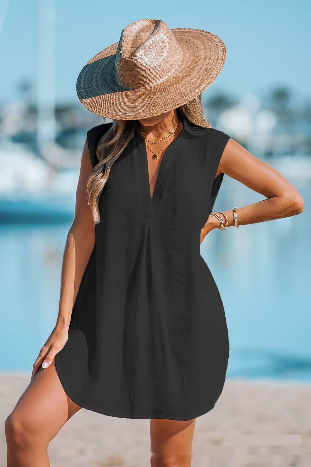 Deep V Neck Beach Sun Protection Dress – Solid Color Lightweight Summer Cover Up