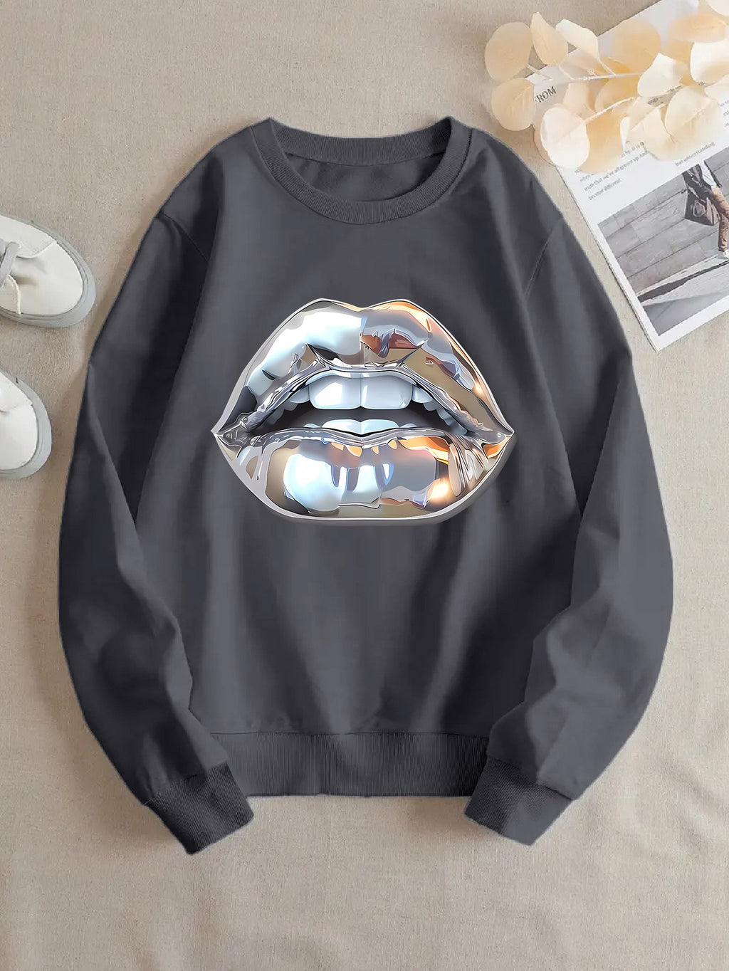 Womens Cartoon Silver Lip-Printed Sweatshirt
