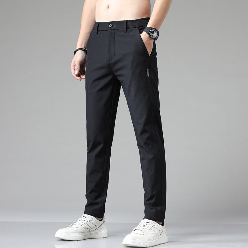 Mens Ice Silk All-Match Elastic-Waist Casual Pants With Fleece Lining For Autumn