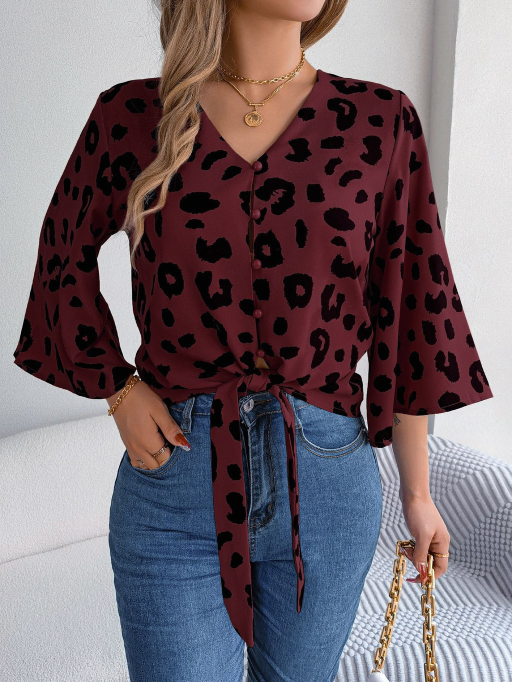 Women’s Leopard Print Tie Front Chiffon Blouse – Casual Animal Print Fashion Top