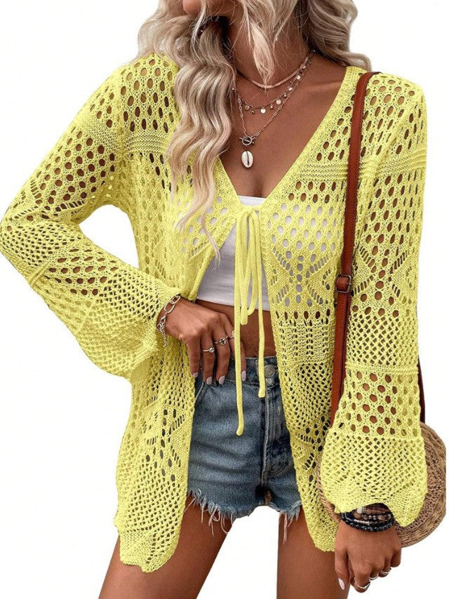 Solid Color Knitted Beach Cover Up Cardigan – Lightweight Sun Protection Swimwear Layer
