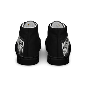 Black high-top canvas sneakers with “Melted Authority” graphic on outer heel, streetwear design rear angle.