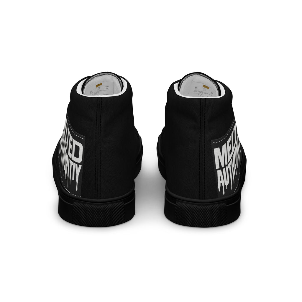 Black high-top canvas sneakers with “Melted Authority” graphic on outer heel, streetwear design rear angle.