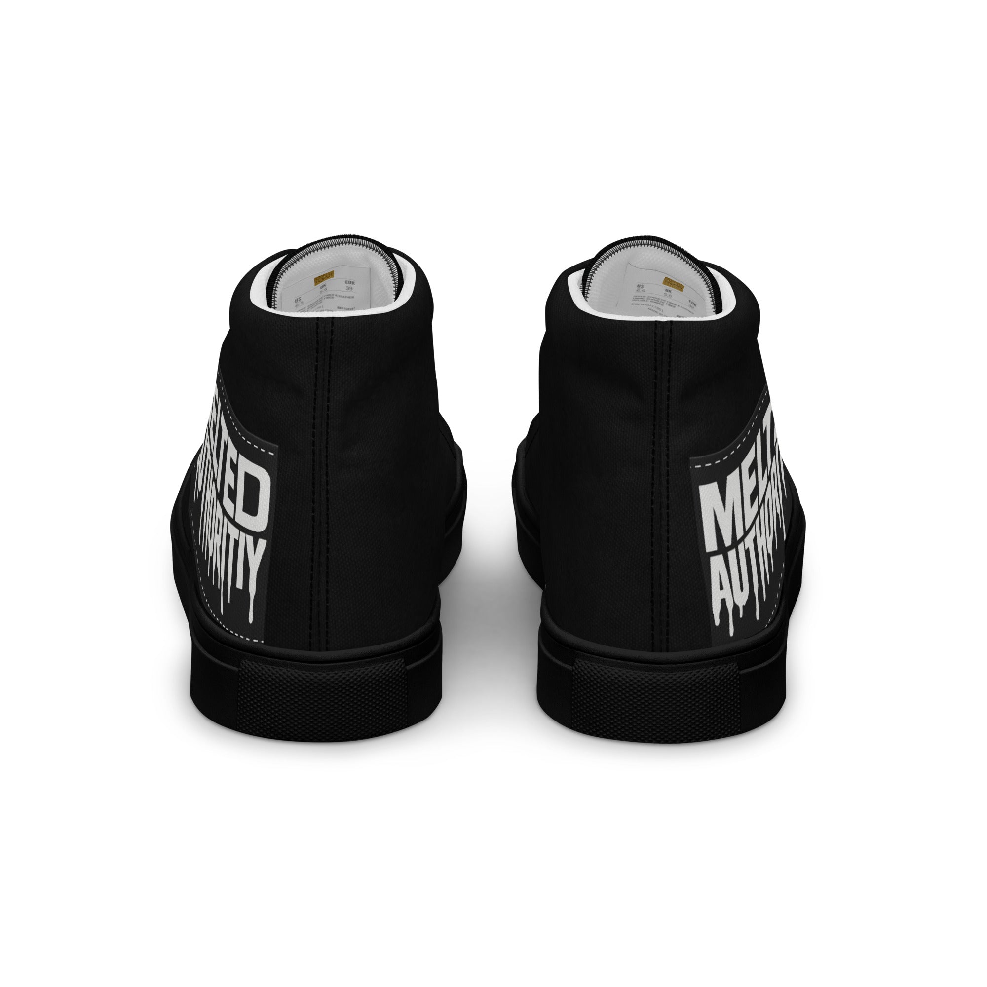 Black high-top canvas sneakers with “Melted Authority” graphic on outer heel, streetwear design rear angle.