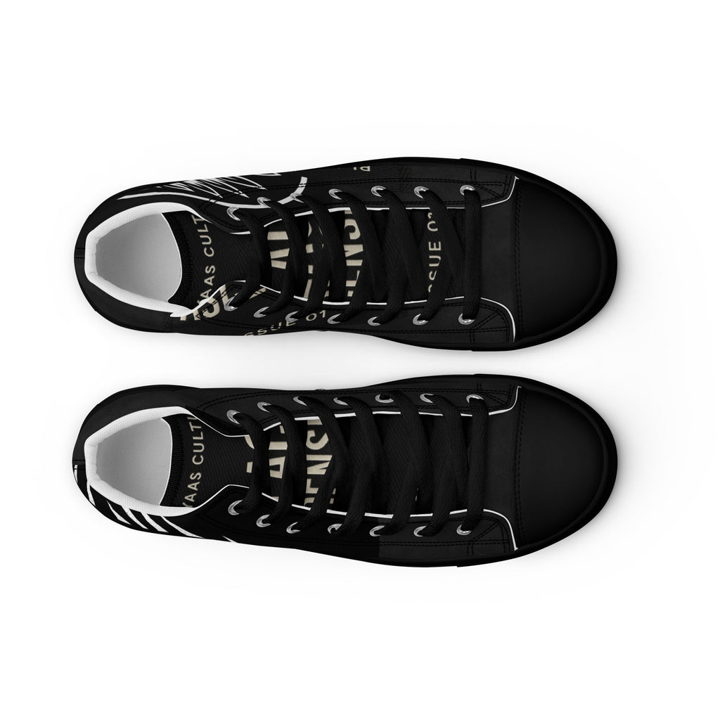 PLAYAAS CULTURE® Last Testament — Legacy High-Top sneaker featuring a black and white canvas design with bold graphic detailing, high-top silhouette, reinforced rubber sole, and premium streetwear aesthetic suitable for limited-edition luxury fashion.