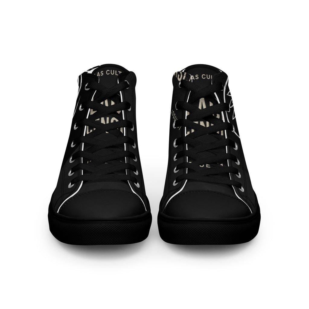 PLAYAAS CULTURE® Last Testament — Legacy High-Top sneaker featuring a black and white canvas design with bold graphic detailing, high-top silhouette, reinforced rubber sole, and premium streetwear aesthetic suitable for limited-edition luxury fashion.