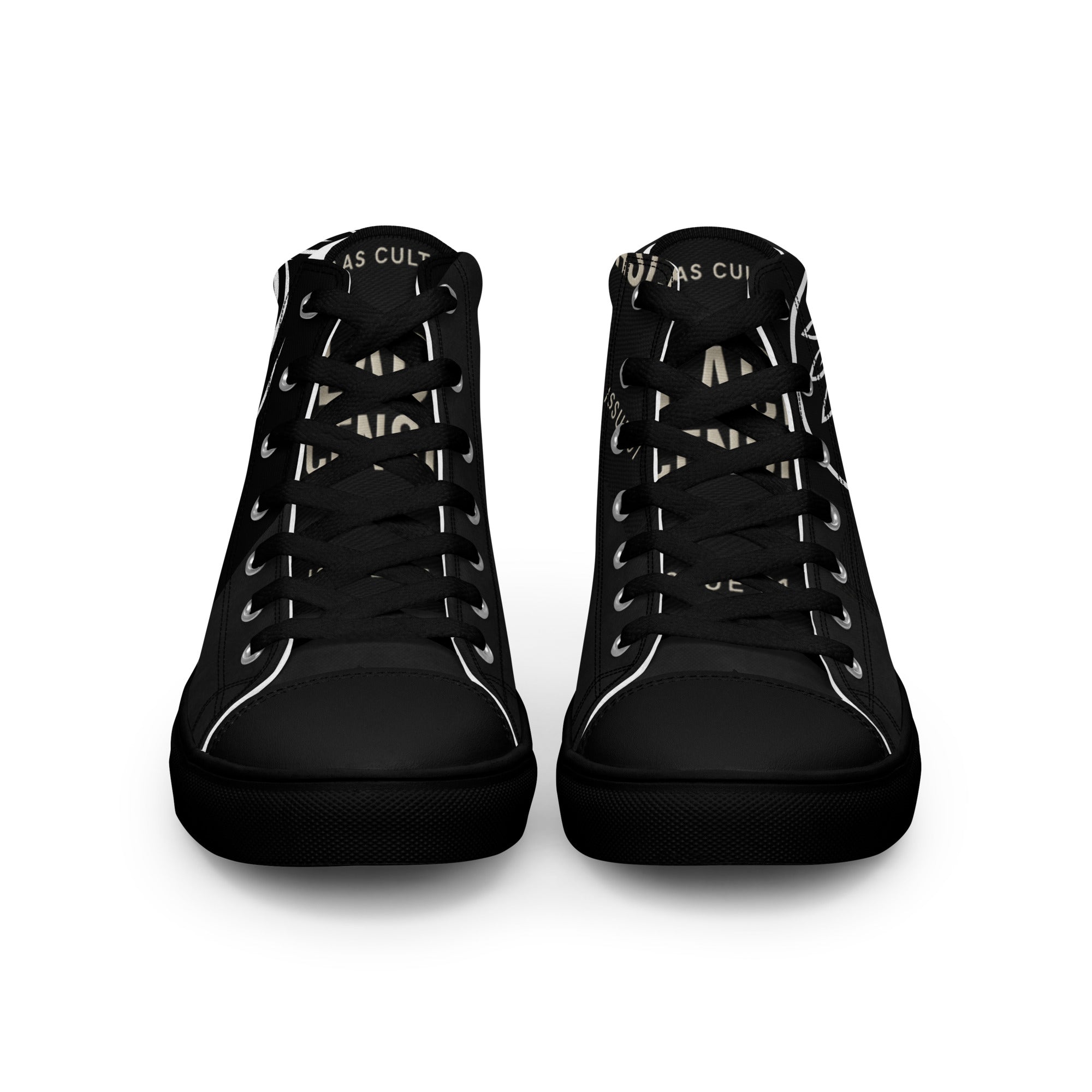 PLAYAAS CULTURE® Last Testament — Legacy High-Top sneaker featuring a black and white canvas design with bold graphic detailing, high-top silhouette, reinforced rubber sole, and premium streetwear aesthetic suitable for limited-edition luxury fashion.