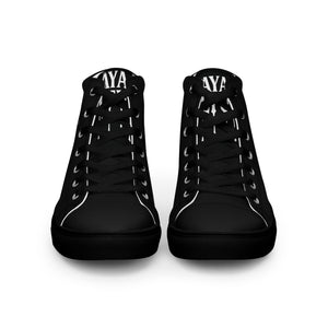 Black high-top canvas sneakers with “Melted Authority” graphic on outer heel, streetwear design rear angle.