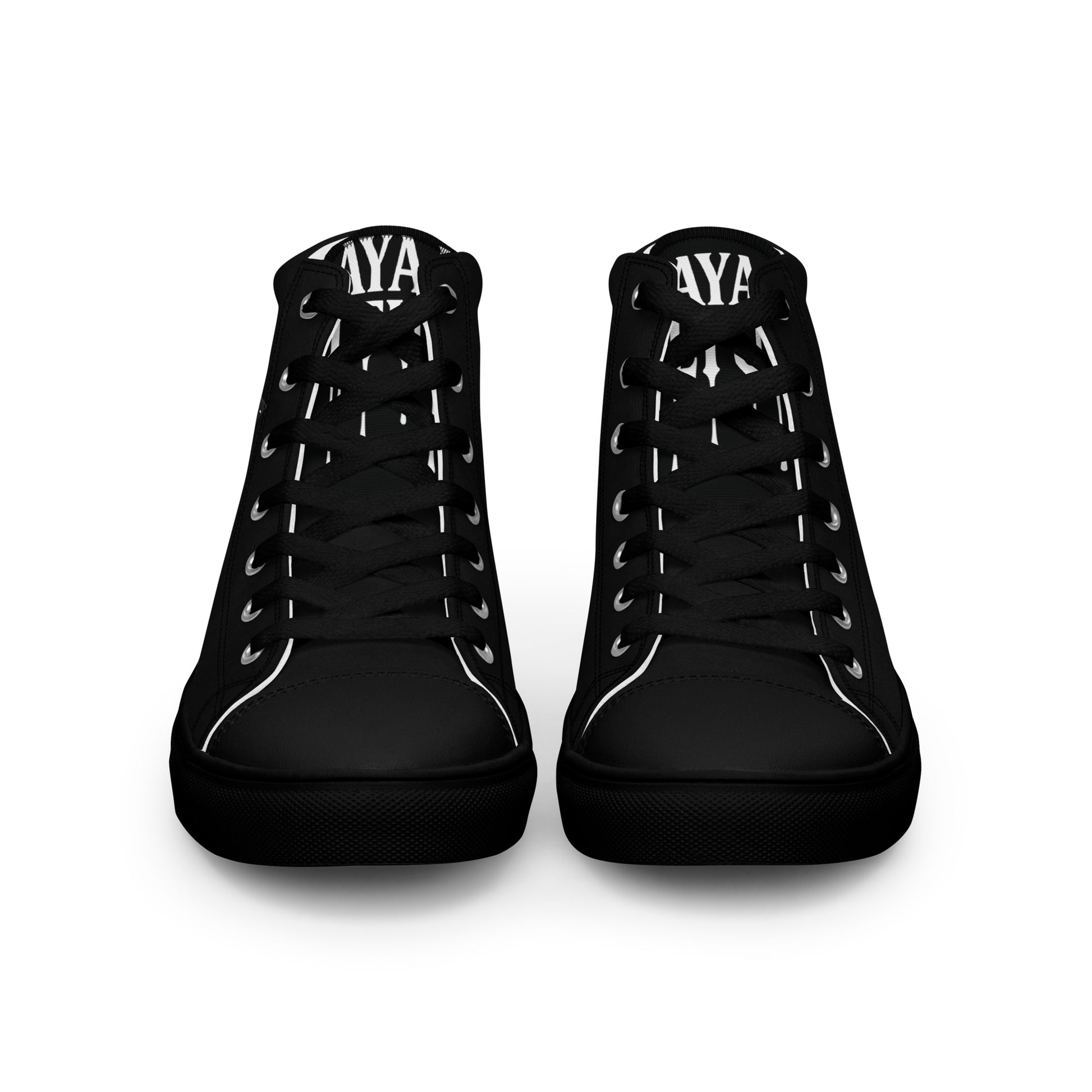 Black high-top canvas sneakers with “Melted Authority” graphic on outer heel, streetwear design rear angle.