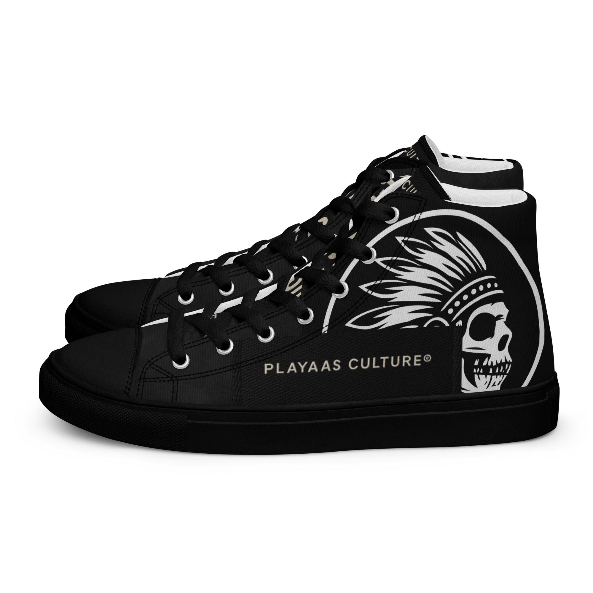 PLAYAAS CULTURE® Last Testament — Legacy High-Top sneaker featuring a black and white canvas design with bold graphic detailing, high-top silhouette, reinforced rubber sole, and premium streetwear aesthetic suitable for limited-edition luxury fashion.