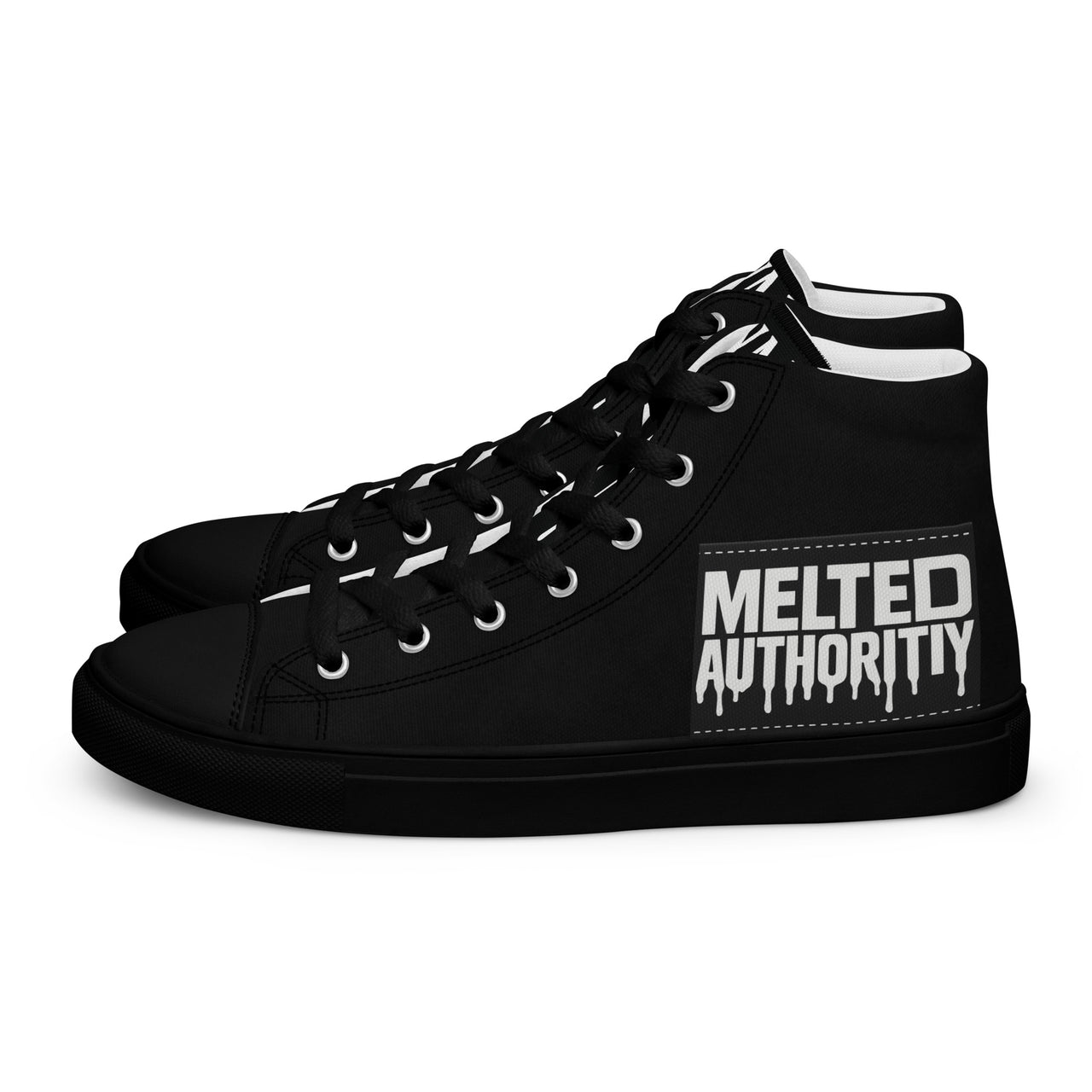 Black high-top canvas sneakers with “Melted Authority” graphic on outer heel, streetwear design rear angle.