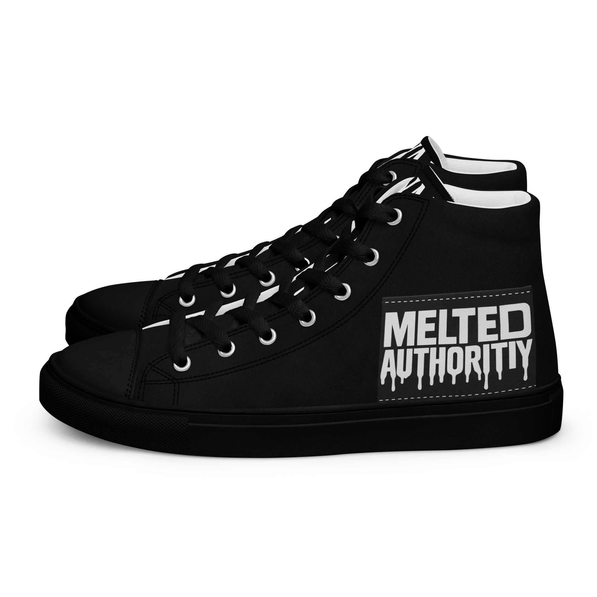 Black high-top canvas sneakers with “Melted Authority” graphic on outer heel, streetwear design rear angle.
