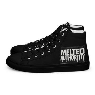 Black high-top canvas sneakers with “Melted Authority” graphic on outer heel, streetwear design rear angle.