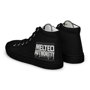 Black high-top canvas sneakers with “Melted Authority” graphic on outer heel, streetwear design rear angle.