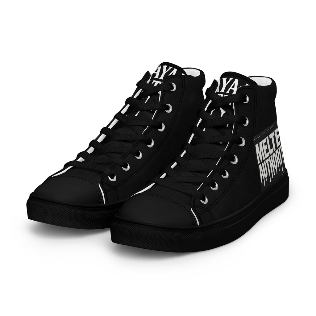 Black high-top canvas sneakers with “Melted Authority” graphic on outer heel, streetwear design rear angle.