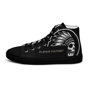PLAYAAS CULTURE® Last Testament — Legacy High-Top sneaker featuring a black and white canvas design with bold graphic detailing, high-top silhouette, reinforced rubber sole, and premium streetwear aesthetic suitable for limited-edition luxury fashion.