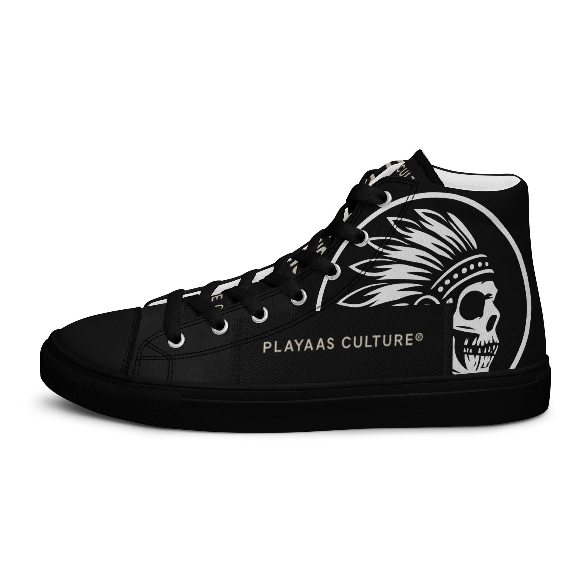 PLAYAAS CULTURE® Last Testament — Legacy High-Top sneaker featuring a black and white canvas design with bold graphic detailing, high-top silhouette, reinforced rubber sole, and premium streetwear aesthetic suitable for limited-edition luxury fashion.