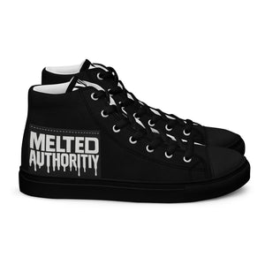Black high-top canvas sneakers with “Melted Authority” graphic on outer heel, streetwear design rear angle.