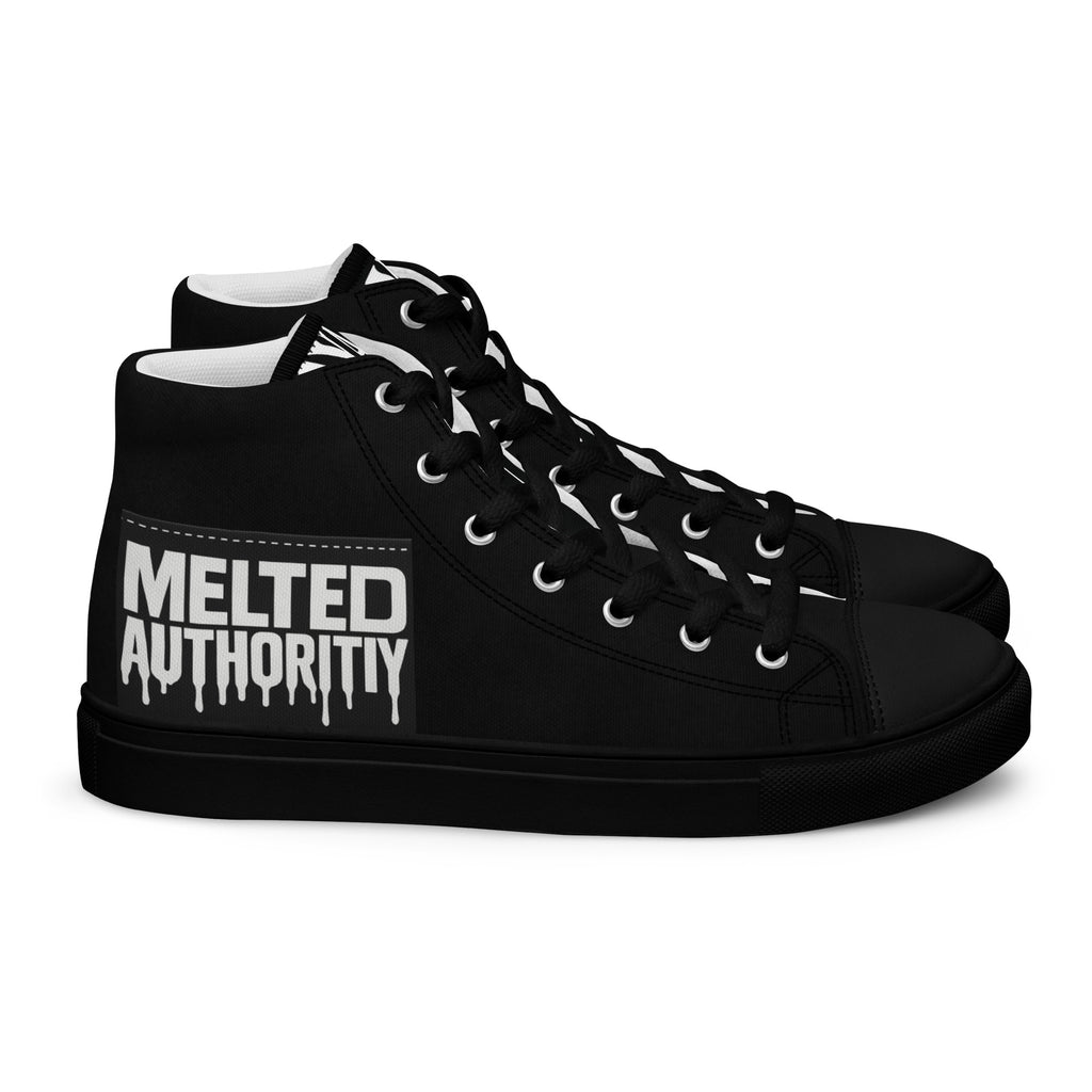 Black high-top canvas sneakers with “Melted Authority” graphic on outer heel, streetwear design rear angle.