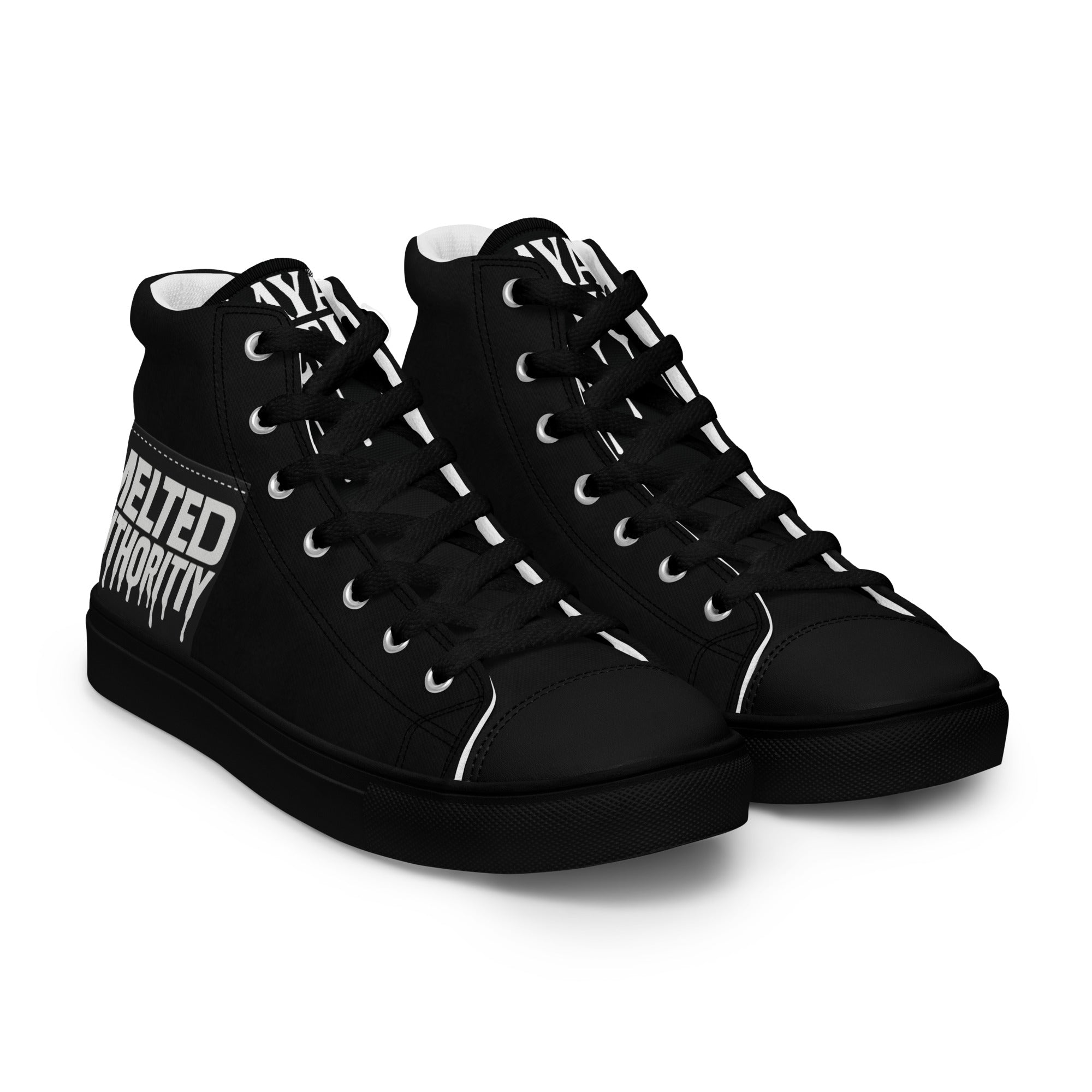 Black high-top canvas sneakers featuring the bold “Melted Authority” graphic. Statement streetwear footwear designed for comfort, durability, and cultural impact.