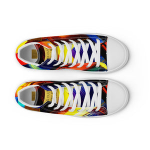 Designer high-top sneakers featuring premium canvas and architectural artwork