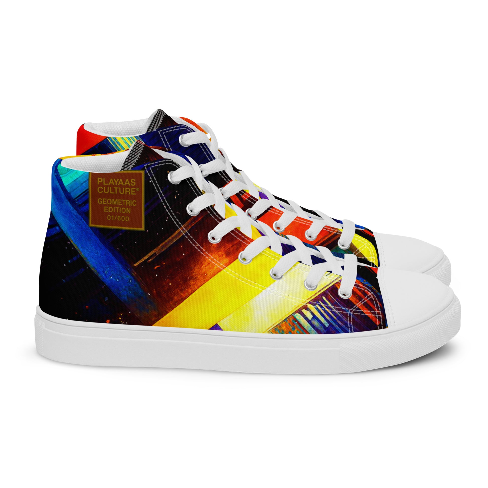 Luxury streetwear high-top sneakers with colorful geometric pattern