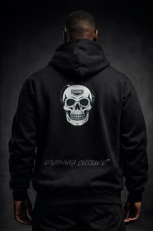 Black Skull Life hoodie by PLAYAAS CULTURE® featuring a large skull graphic on the back and a minimal skull icon on the front, premium streetwear design.